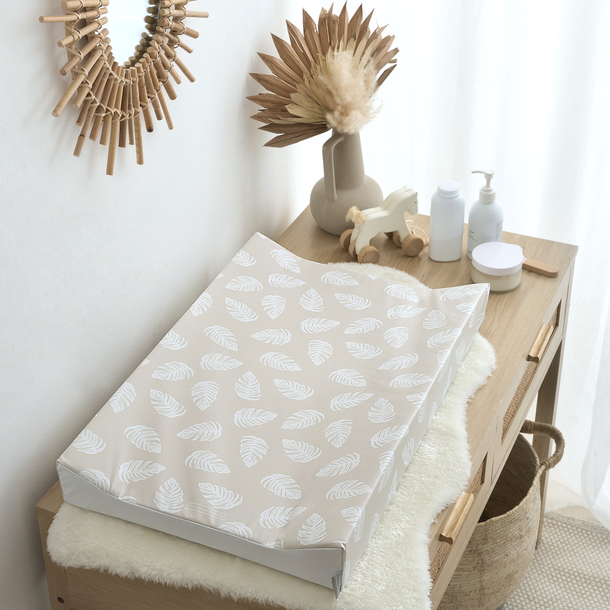 Anti-Roll Changing Mat - Palm Bay (Greige) - The Tiny Bed Company™